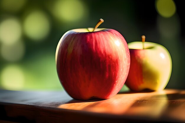 Foto mele rosse fresche su sfondo di legno contenuto generato da ai