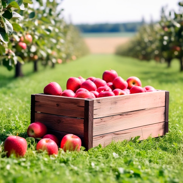 Fresh red apples in wooden box on green grass in summer garden