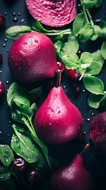 Photo fresh red beets and cherries on a dark surface with water droplets