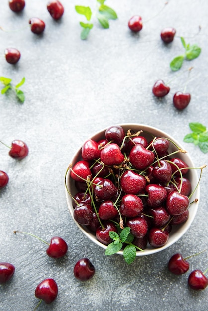 Fresh red cherries fruit in bowl