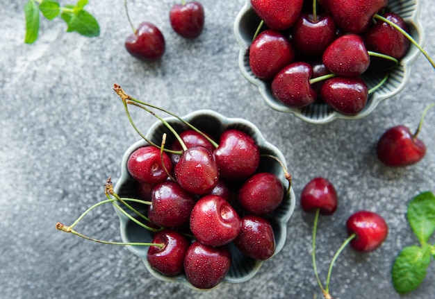 Fresh red cherries fruit in bowl