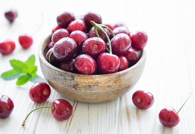 Fresh red cherries fruit in bowl