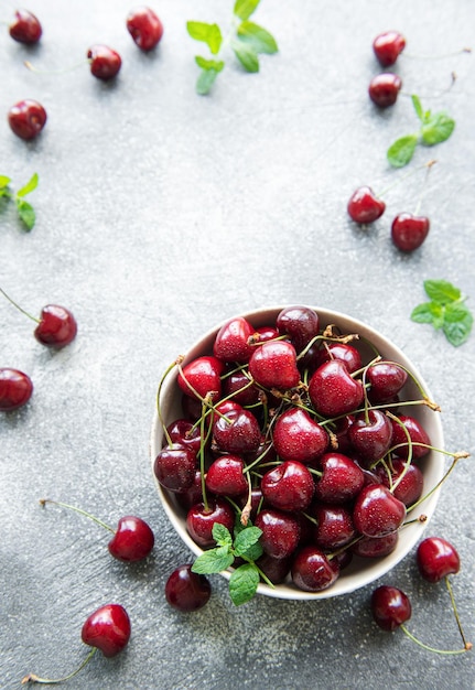 Fresh red cherries fruit in bowl