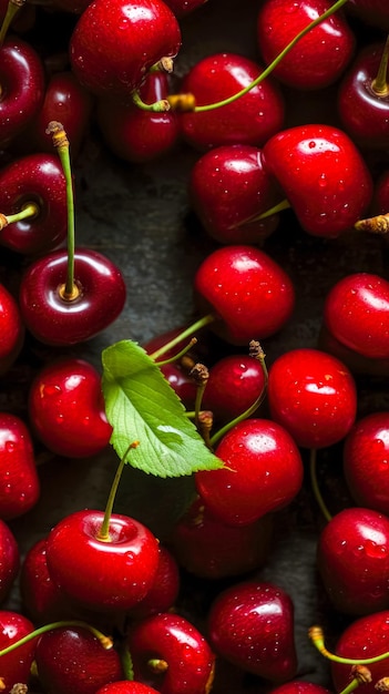 Fresh red cherries torn from the tree Top view Ai generated