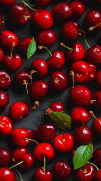 Fresh red cherries torn from the tree Top view Ai generated