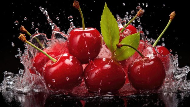 свежая красная вишня, подверженная воздействию воды, брызгающая на черном фоне и размытая