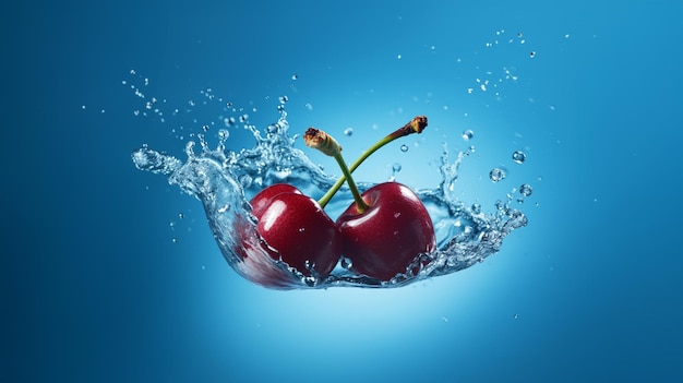 Fresh red cherry with water drops on blue background AI generated