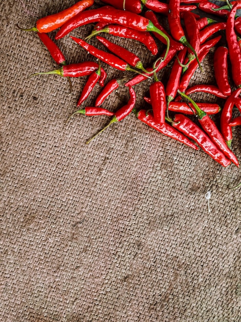 Fresh red chili peppers on vintage cloth background.