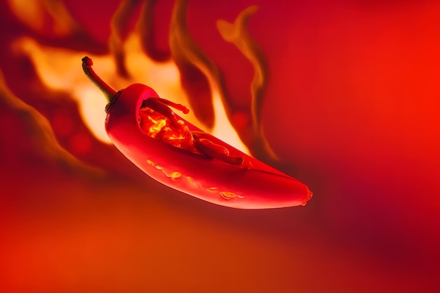 Fresh red chilli pepper in fire as a symbol of burning feeling of spicy food and spices Red background Neural network AI generated