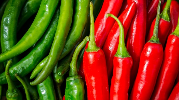 Fresh Red Chillies Background, Selective focus. Thai chillies. Organic ingredient Thai food.