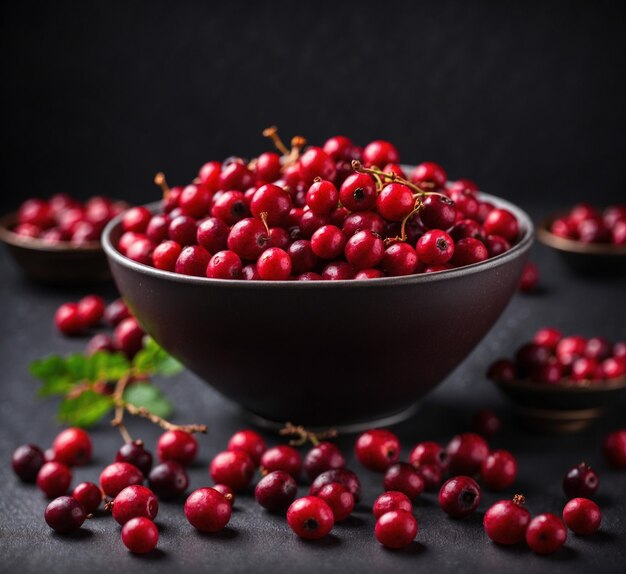 fresh red cranberries in a bowl on a black background selective focus