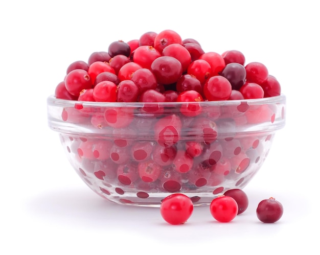 Fresh red cranberries in a glass bowl