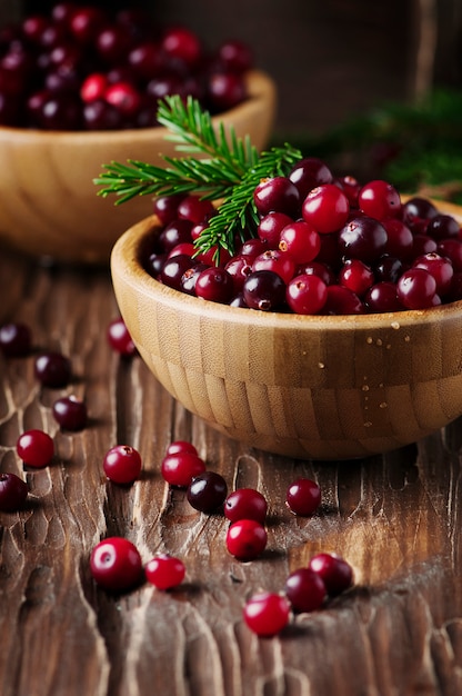 Fresh red cranberry on the vintage table