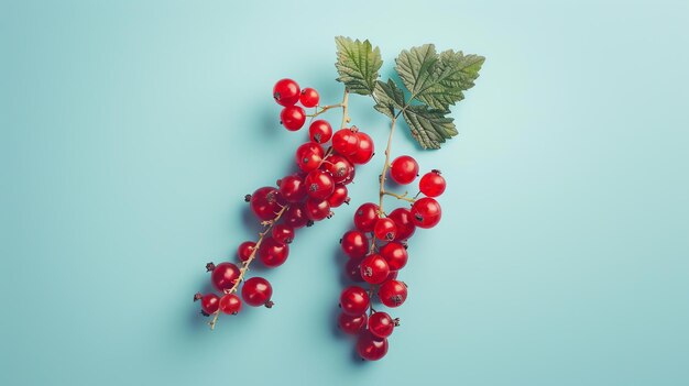 Photo fresh red currant with green leaves on a blue background healthy eating concept