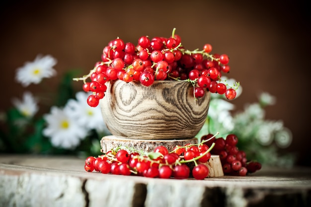 Photo fresh red currants in plate on dark rustic wooden table.