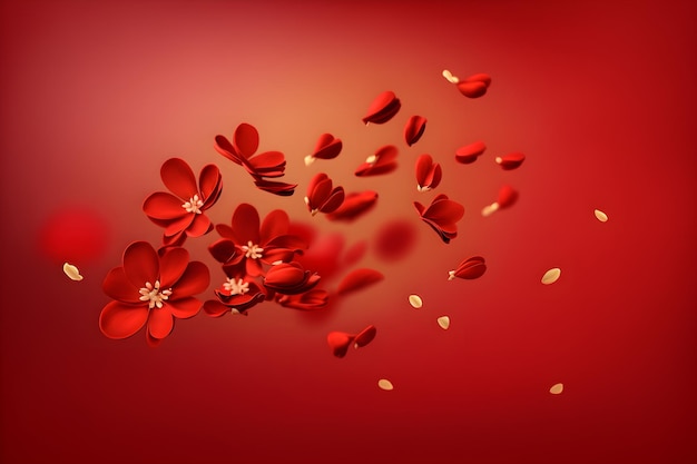 fresh red flower falling in the air on red background