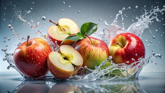 Свежие красные и зеленые яблоки с брызгами воды на синем фоне Концепция здорового питания