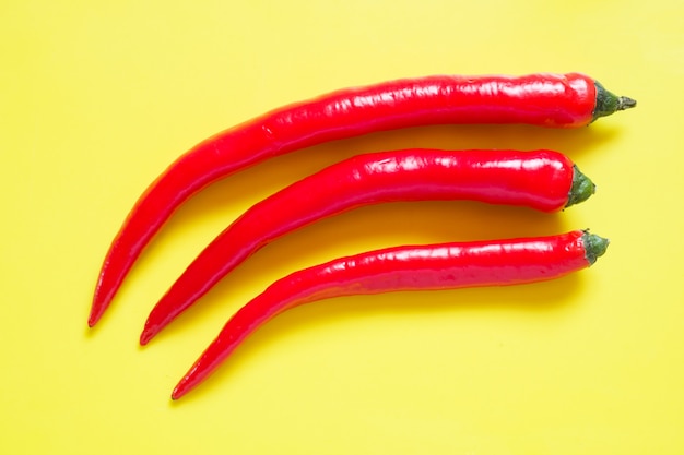 Fresh red hot chili pepper on yellow background.