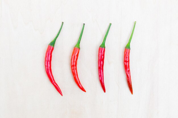 Fresh red hot chilli peppers with spicy on the wooden table with copy space