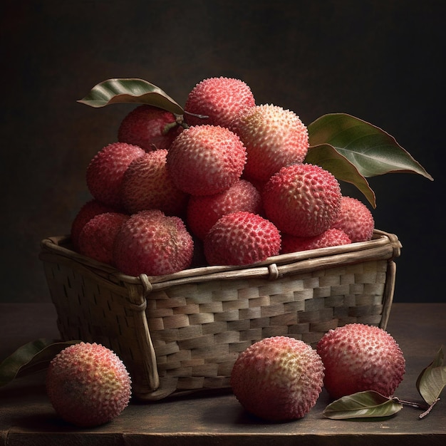 Fresh red lychee and peeled with leaves