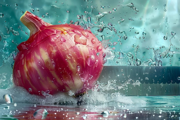 Photo fresh red onion splashing into water with dynamic liquid splash on teal background high speed