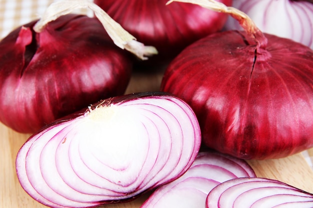 Fresh red onions close up