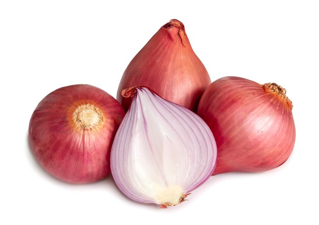 Fresh red onions with half isolated on white background with clipping path