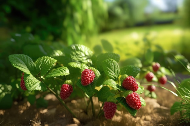 Fresh red raspberries hanging on the branch