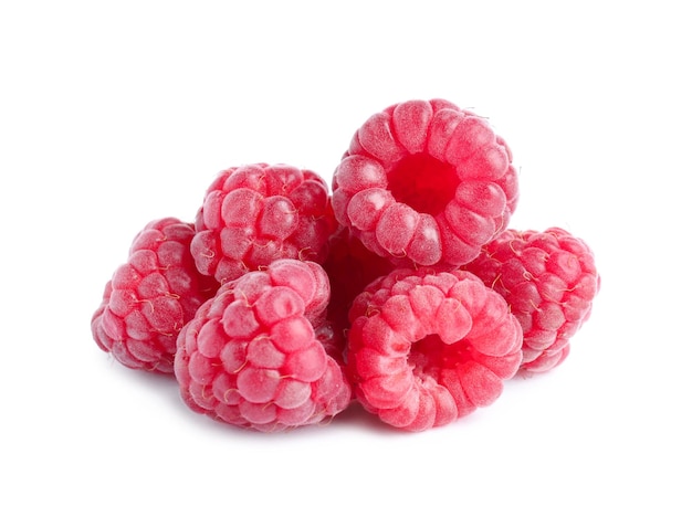 Fresh red ripe raspberries on white background