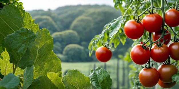 Fresh red ripe tomatoes on the branch Organic farming vegetable garden Tomato harvest