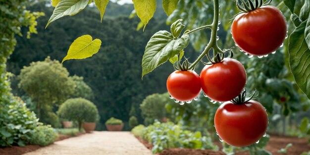 Свежие красные созревшие помидоры на ветке Органическое сельское хозяйство овощный сад Урожай помидоров