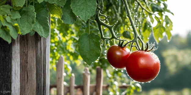 Fresh red ripe tomatoes on the branch Organic farming vegetable garden Tomato harvest