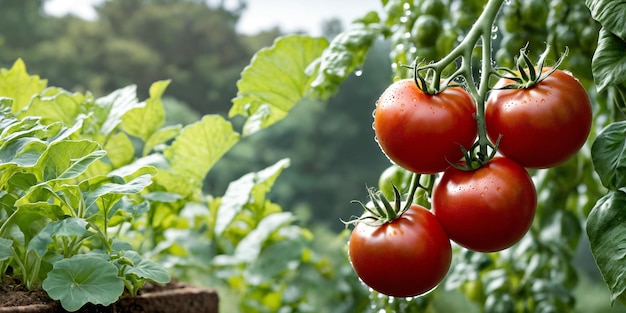 Fresh red ripe tomatoes on the branch Organic farming vegetable garden Tomato harvest