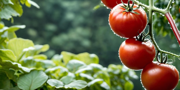 Fresh red ripe tomatoes on the branch Organic farming vegetable garden Tomato harvest