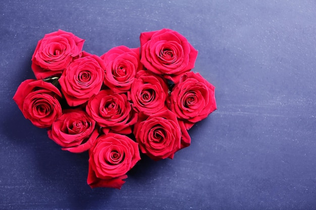 Boccioli di rose rosse fresche a forma di cuore su sfondo nero testurizzato