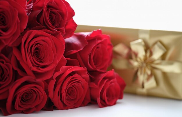 Fresh red roses and golden gift box on white table Valentine day and surprise for woman