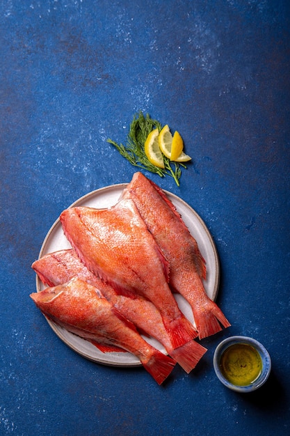 Fresh red sea bass on blue background top view copy space