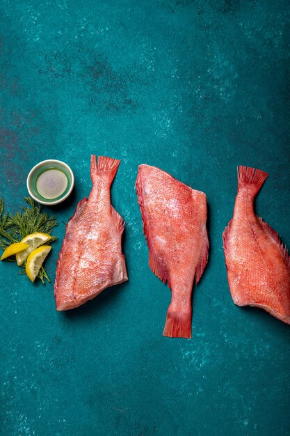 Photo fresh red sea bass on blue background top view copy space