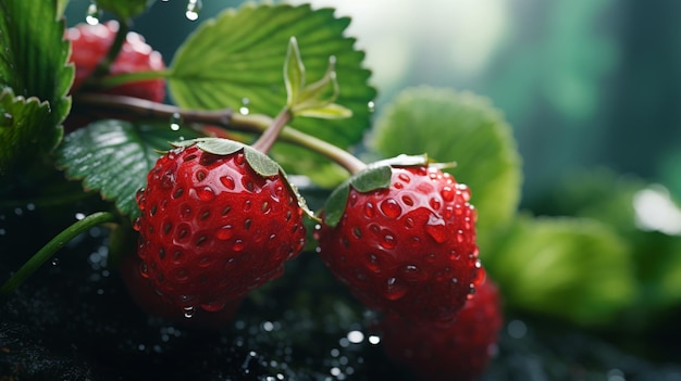 Fresh red strawberries fruits with drops of water dark background AI Generated images