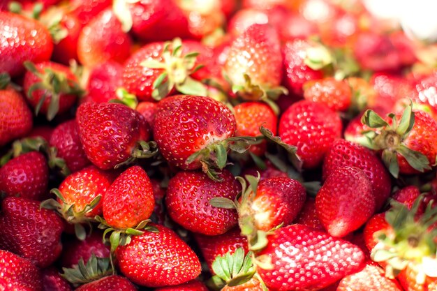 Fresh red strawberries at vegetable market 