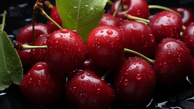 fresh red sweet cherries with green leaves on black stone background