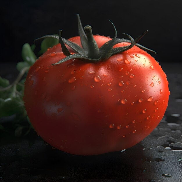 Fresh red tomato with water drops on black background