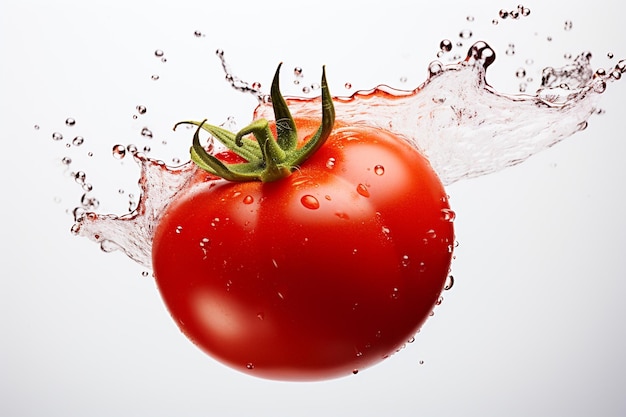 Photo a fresh red tomato with water splash on white background