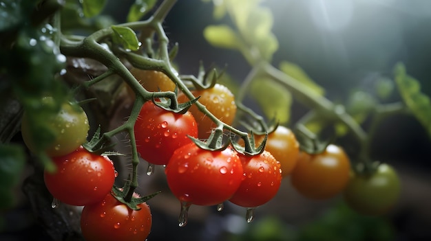 Fresh red tomatoes on a branch in the garden Generative AI AI Generated