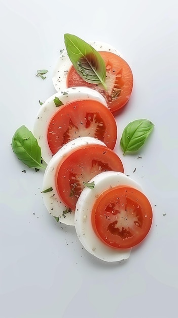 新鮮な赤いトマトとクリーミーなモザレラチーズがきれいな白い表面に並べられています
