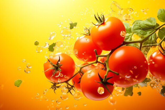 Fresh red tomatoes dipped into water fresh isolated on yellow background healthy concept