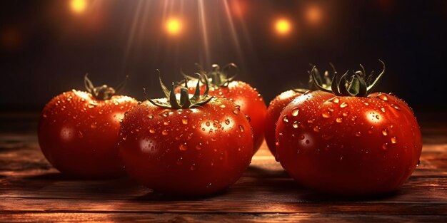 Fresh red tomatoes with water droplets on wooden table generative ai