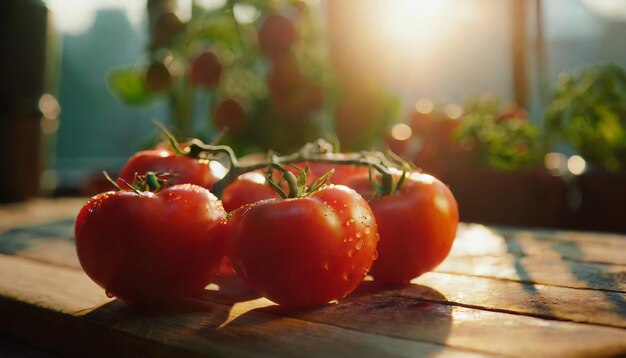 Fresh red tomatoes on wooden table Organic and tasty vegetable