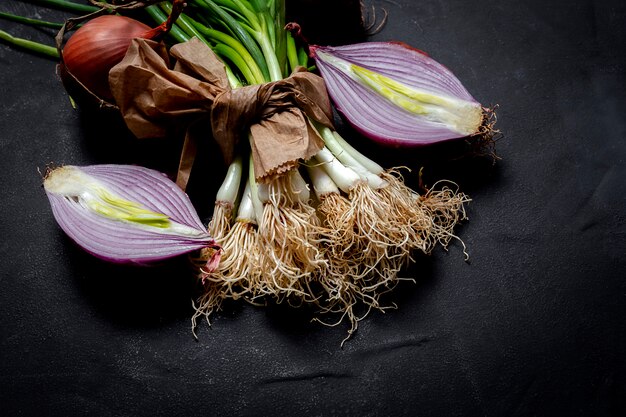 Fresh red and white onions on dark background