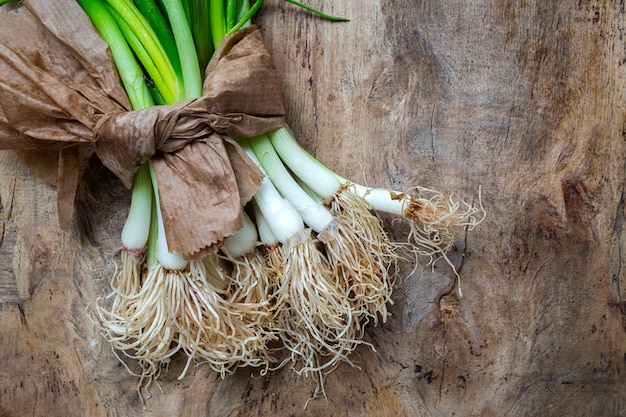 Fresh red and white onions on wood background